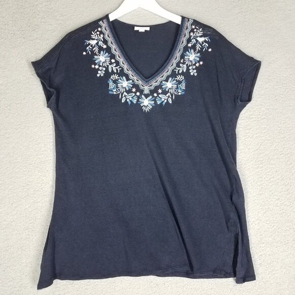 J. Jill Linen Shirt Women's Large Blue Floral Embroidered V-Neck Beach Casual - Picture 1 of 10